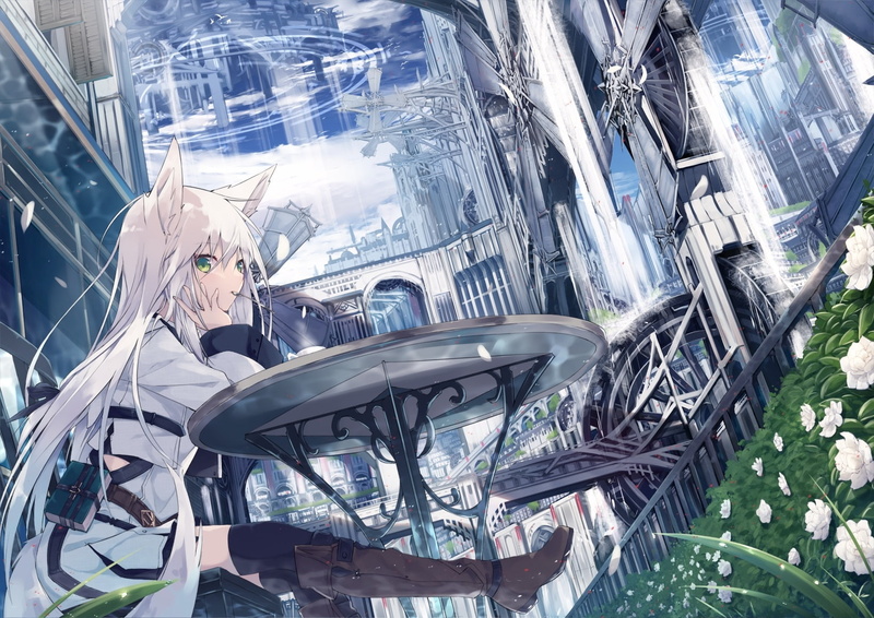digital composite, futuristic city, glass - material, city, Anime, white hair, 720P, green eyes, real people, building exterior, mode of transportation