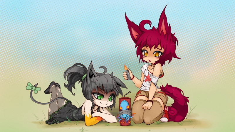 fox girl, studio shot, mammal, fireworks, indoors, one animal, witch, colored background, toy, costume, pets, domestic animals, women, full length, people