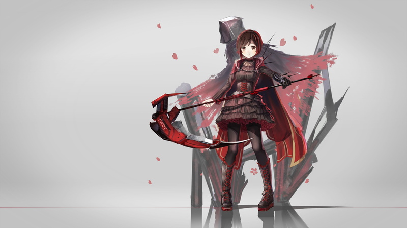 gray background, indoors, 2K, short hair, weapon, beautiful woman, gray, anime girls, white color, standing, studio shot, Ruby Rose (character), anime