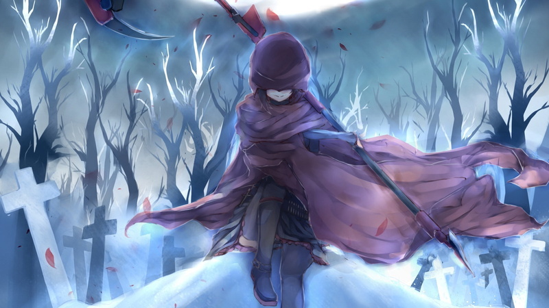 anime girls, night, RWBY, artwork, fantasy art, anime, graveyards, 1080P, warrior, scythe, cemetery, fantasy girl, Ruby Rose (character)