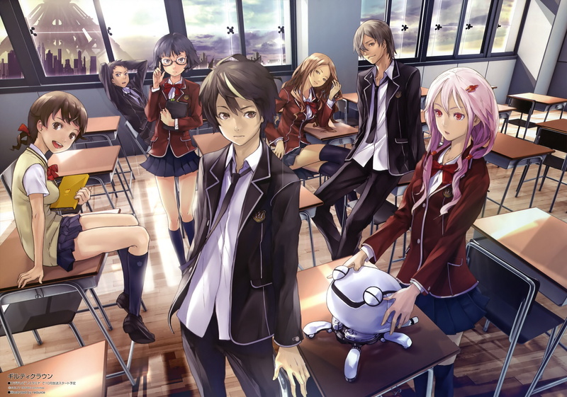 Tamadate Souta, school, anime, Redjuice, manga, anime girls, Kuhouin Arisa, Ouma Shuu, Samukawa Yahiro, classroom, school uniform, Guilty Crown, Yuzuriha Inori