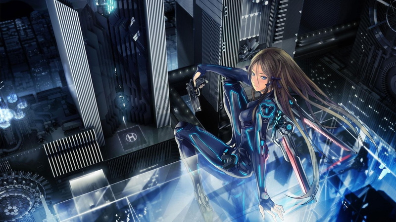 original characters, manga, city, technology, anime girls, Redjuice, 1080P, gun, blue eyes, anime, hair ornament, artwork, cyberpunk, long hair, futuristic