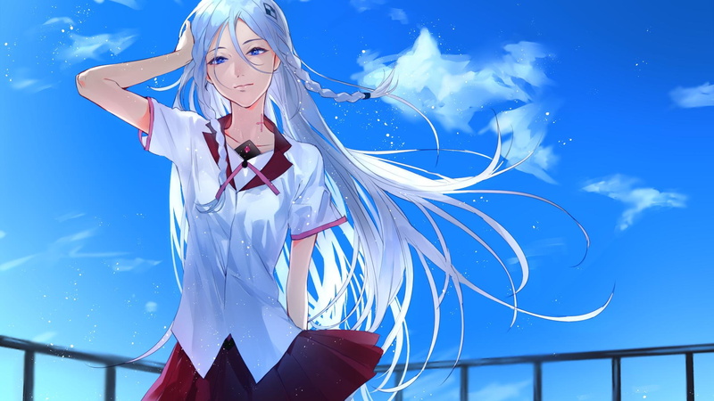 mihie, background, blue background, uniform, 1080P, blue, blue eyes, school, eyes, school uniform, redjuice, miach, harmony, miach mihie