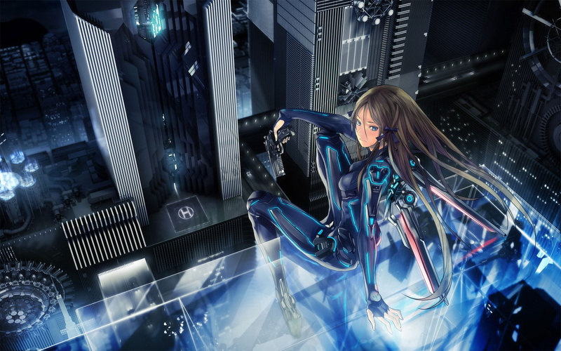 long hair, cyberpunk, hair ornament, Redjuice, original characters, blue eyes, anime, manga, anime girls, city, futuristic armor, 1080P, technology, brunette