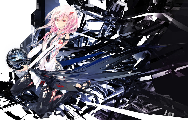 science fiction, anime, Redjuice, 1080P, Yuzuriha Inori, Guilty Crown, anime girls, pink hair, red eyes, looking at viewer