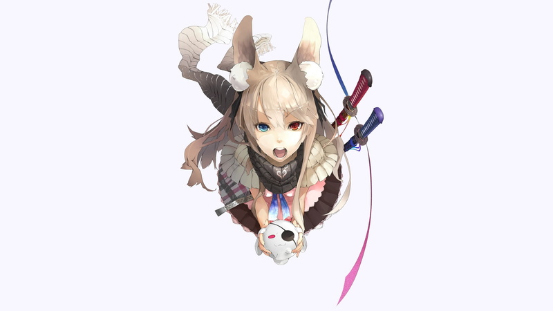 animals, weapons, redjuice, Blue Eyes, x, cats, blue, eyes, 1080P, girls, nekomimi, anime, swords, hd, red, art