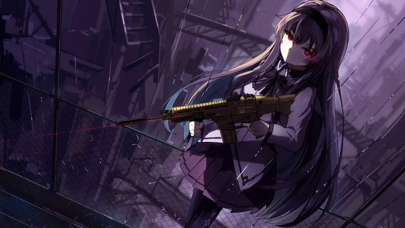 Mahou Shoujo Madoka Magica, FN SCAR, Akemi Homura, laser, 1080P, red eyes, assault rifle, suppressors