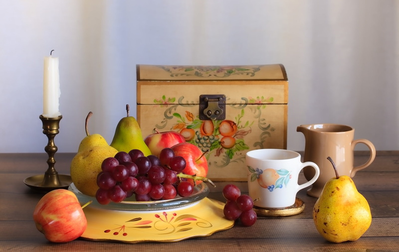 Cup, grapes, candle, still life, 1080P, fruit, chest, pear, Apple