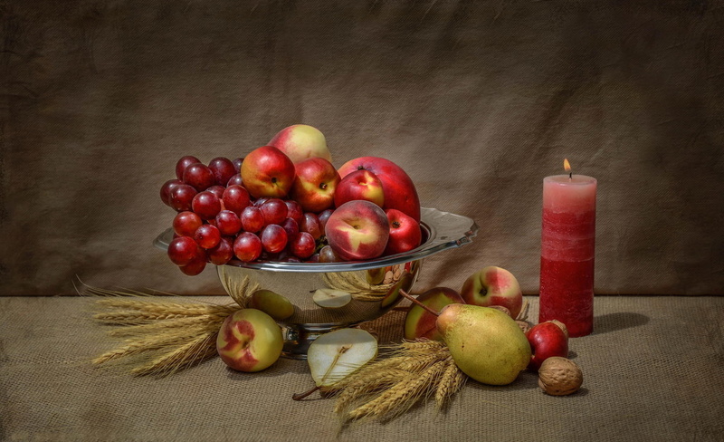 grapes, candle, still life, painting, pear, walnut, apples, fruits, fruit, 1080P