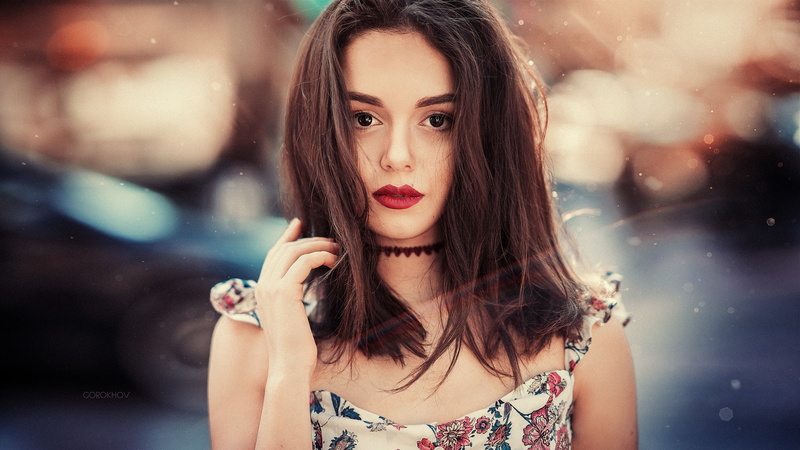 headshot, dress, outdoors, adult, red lipstick, brunette, portrait, beauty, teenager, beautiful woman, young adult, dark eyes, depth of field, Ivan Gorokhov