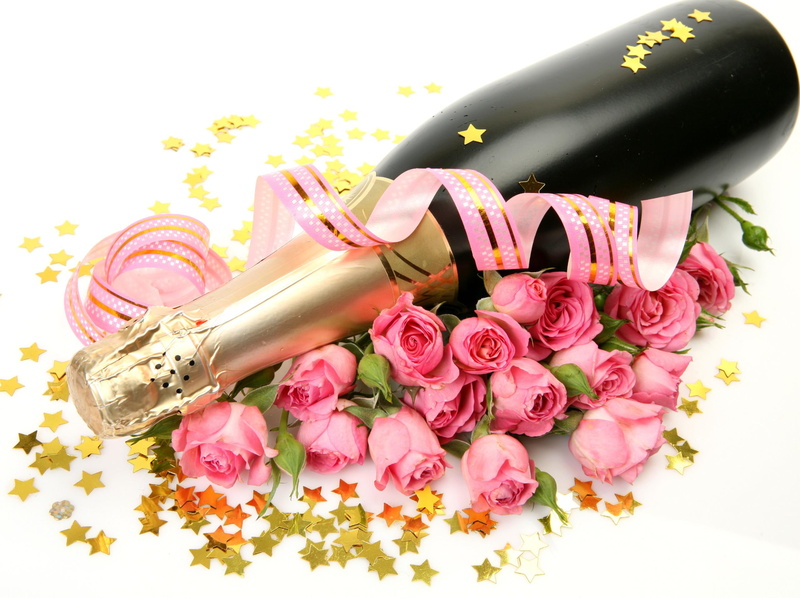 champagne, beautiful, 2K, ribbon, romantic, pink roses, lovely, valentin, romance, roses, flowers, for you