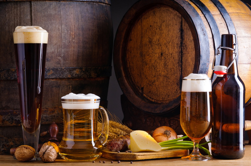 glasses, beer, bottle, ears, walnut, sausage, barrels, cheese, 4K, bow, foam, nuts