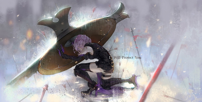 Fate Series, elbow gloves, Matthew Kyrielite, gloves, short hair, thigh-highs, 720P, weapon, purple hair, Shielder (FateGrand Order), blood, FateGrand