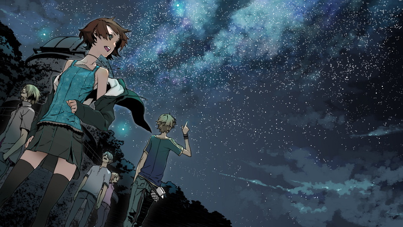 outdoors, low angle view, human representation, architecture, sky, sculpture, building exterior, 1080P, Supercell, galaxy, anime, art and craft, astronomy