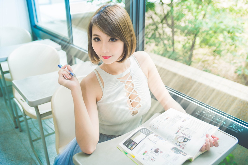 classroom, beauty, Asian, front view, holding, hairstyle, window, women, sitting, lifestyles, publication, 5K, young women, adult, indoors, one person