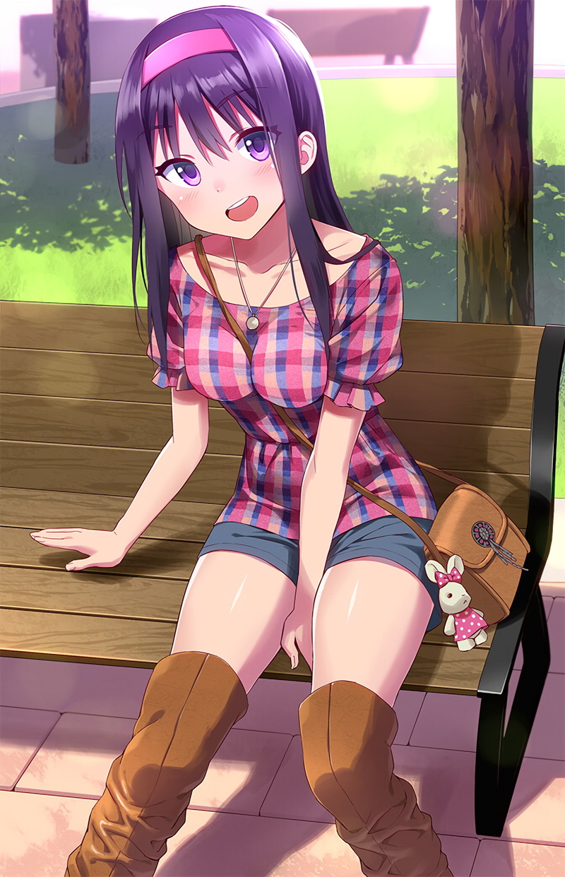 purple eyes, zettai ryouiki, purple hair, anime, 1080P, park, anime girls, shorts, long hair