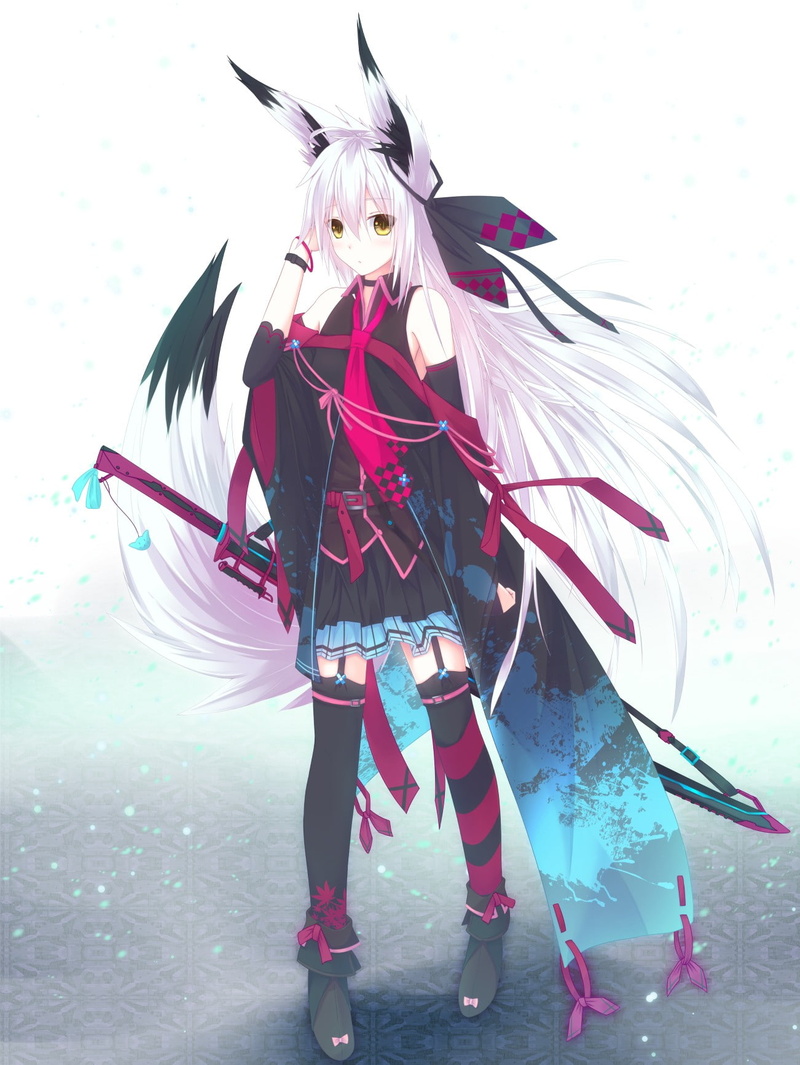neckties, thigh-highs, weapon, 720P, anime girls, long hair, anime, ribbon, kitsunemimi, zettai ryouiki, original characters