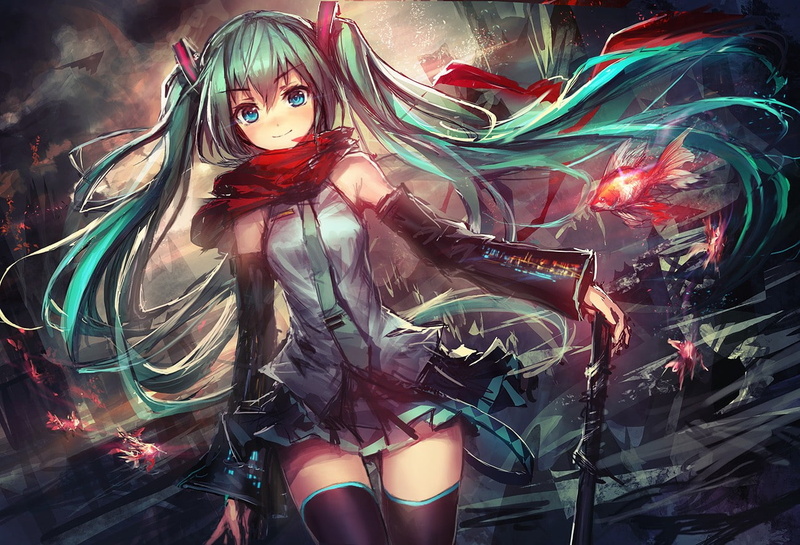 neckties, anime girls, anime, fish, scarf, blue eyes, smiling, zettai ryouiki, aqua hair, op-center, Vocaloid, long hair, looking at viewer, thigh-highs