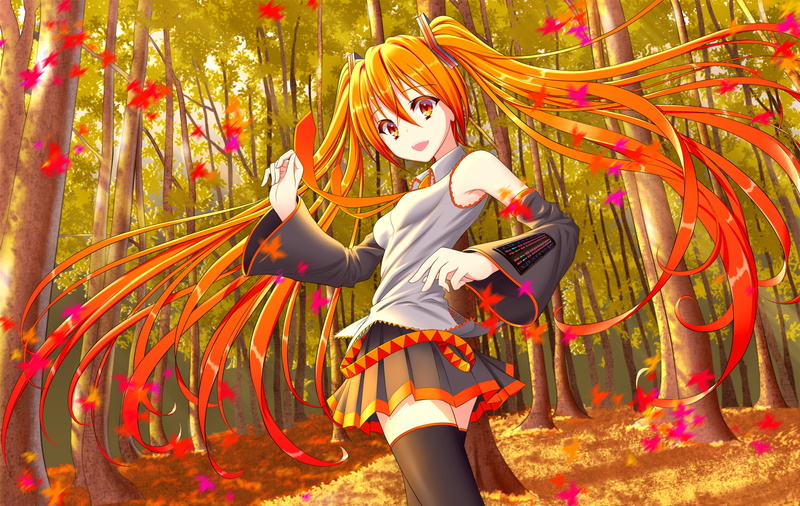 eyes, 1080P, miku, ryouiki, oshou, twintails, autumn, forest, zettai, leaves, hatsune, thighhighs, hair, vocaloid, long, orange, tree