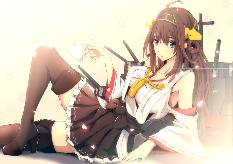 5K, kongou, eyes, hair, japanese, zettai, clothes, boots, miko, kantai, (kancolle), ryouiki, blue, collection, petals, skirt, drink, brown, thighhighs