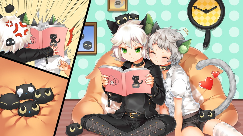 1080P, tagme, all, boots, blush, hair, konachan, zettai, short, (artist), green, shorts, eyes, catboy, thighhighs, collar, ryouiki, book, tail, animal