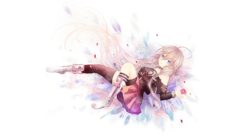 long hair, leaves, shirt, flowers, anime girls, blue eyes, boots, blonde, lying down, collar, skirt, 1080P, IA (Vocaloid), Vocaloid, zettai ryouiki, thigh-highs