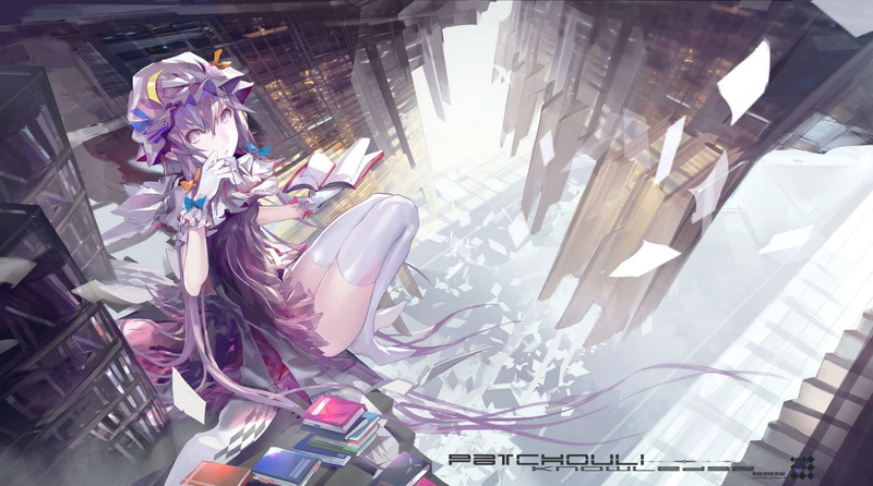 gloves, hair, purple, knowledge, thighhighs, zettai, hat, eyes, stairs, patchouli, bow, long, 720P, dress, kiwamu, touhou, book, ryouiki