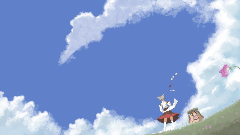 momiji, thighhighs, scenic, inubashiri, wolfgirl, zettai, 1080P, hutotomomo, seu, grass, skirt, sky, flowers, ryouiki, clouds, touhou
