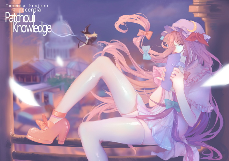 patchouli, bow, hat, thighhighs, kirisame, long, zettai, marisa, hair, 1080P, touhou, ryouiki, paper, usefilenamebook, recentia, witch, knowledge