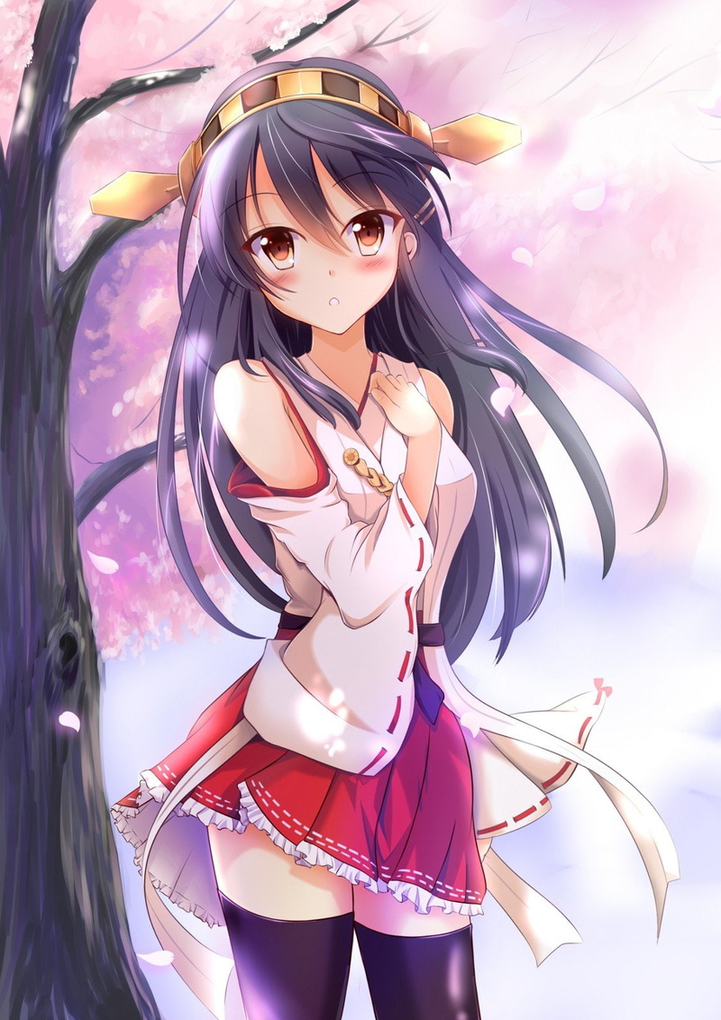 Anime Girls, Kantai Collection, Trees, 720P, highs, Long Hair, anime, Haruna (KanColle), Zettai Ryouiki, thigh, Flower Petals