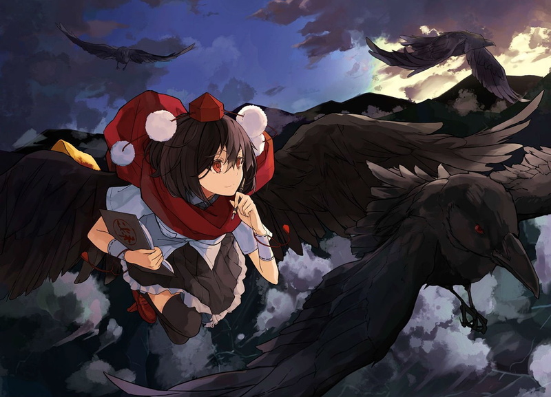 ryouiki, touhou, wings, book, animal, shameimaru, zettai, thighhighs, netsuki, 720P, bird, skirt, aya, clouds, miruto, hat, scarf
