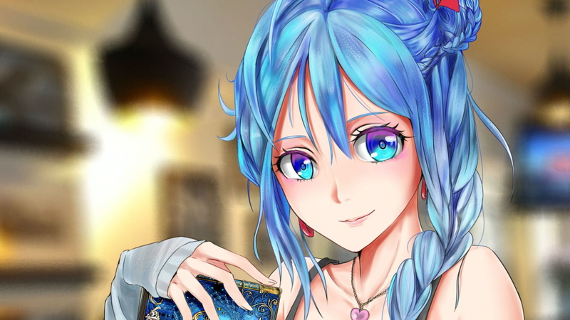 bangs, braids, headshot, looking at viewer, anime, 1080P, beauty, human face, one person, fashion, blue hair, women, Phoena (Chain Chronicle), smiling
