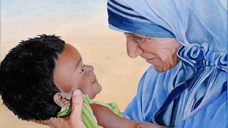 two people, mother teresa, profile view, adult, headshot, togetherness, 1080P, emotion, positive emotion, close-up, indoors, care, people, side view, portrait