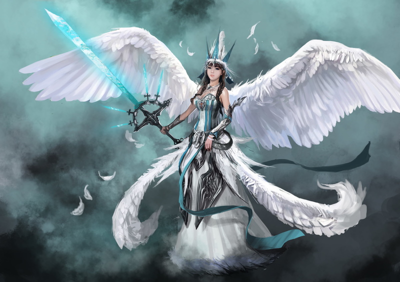 vertebrate, mystery, sky, spirituality, paranormal, sword, white color, fiction, one Person, art, animal wildlife, blue, people, weapons, seagull, nature