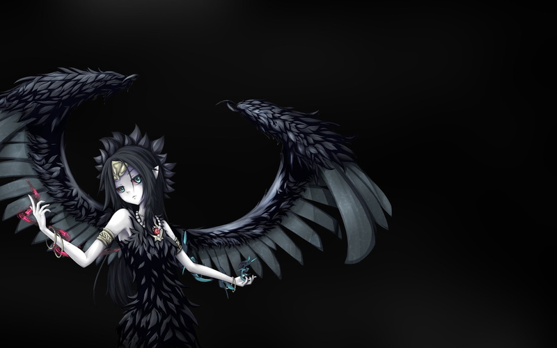 anime girls, studio shot, animal wing, black color, indoors, black background, creativity, mystery, copy space, costume, bird, spread wings, feather, 1080P