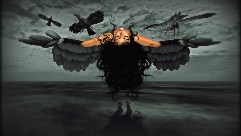 dark, closed eyes, digital composite, nature, angel, costume wing, hair, hairstyle, animals in the wild, animal body part, young adult, front view, dark hair