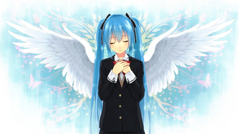 women, indoors, closed eyes, one person, wings, Vocaloid, angel, front view, Hatsune Miku, digital composite, young adult, art and craft, animal wing, illuminated