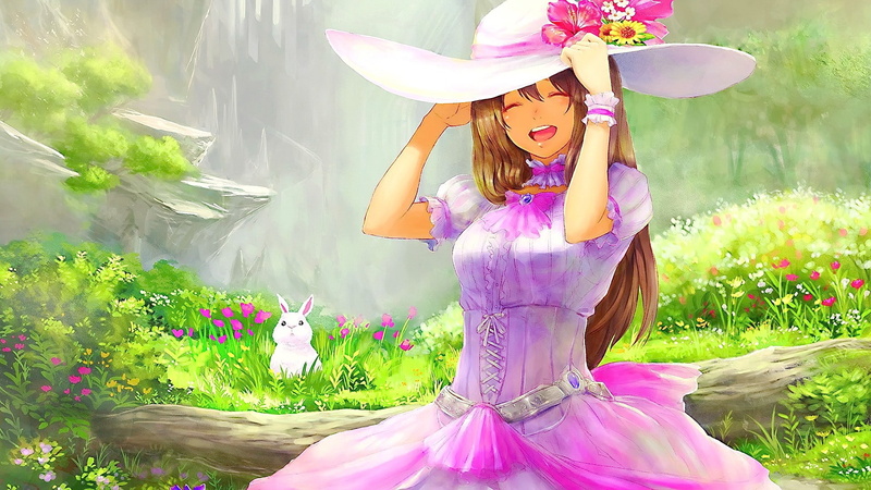 innocence, girls, plant, women, anime girls, hat, rabbits, brunette, animal wing, childhood, 1080P, outdoors, one person, dress, clothing, child, beauty
