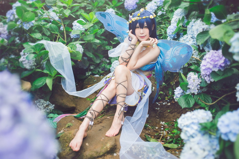 Asian, flowers, girl, outfit, style, costume, summer, rope, background, stones, cosplay, hairstyle, barefoot, garden, pose, image, elf, fabulous, fantasy