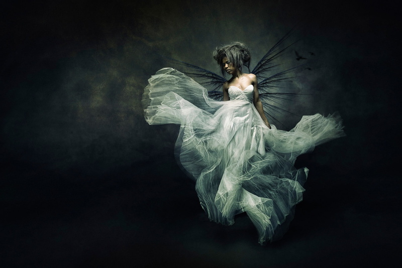 one person, black background, women, fantasy, white color, dress, dancing, 1080P, brides, digital composite, young adult, full length, clothing, costume