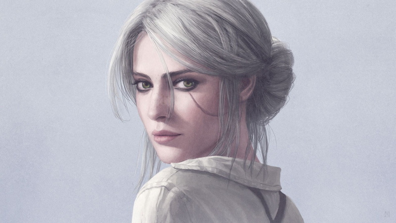 hairstyle, The Witcher, Cirilla Fiona Elen Riannon, indoors, The Witcher 3: Wild Hunt, beauty, haired, gray background, contemplation, white, adult, young women
