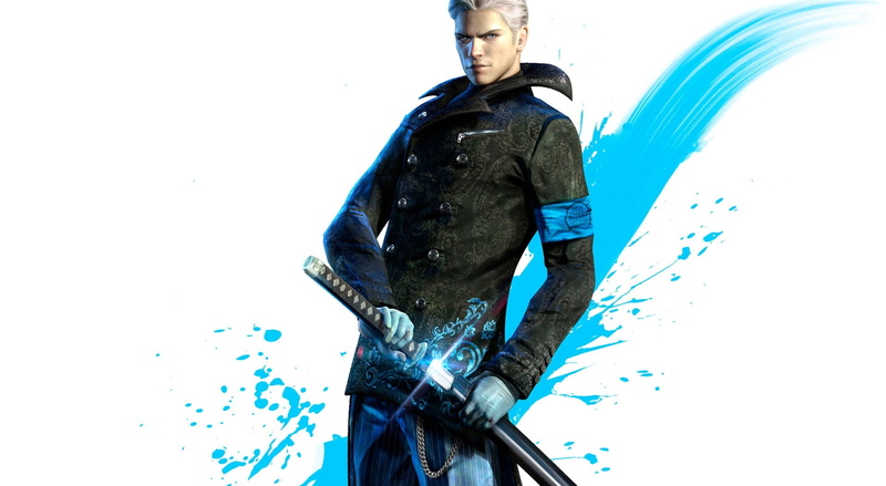 illustration, indoors, standing, blue, creativity, dmc devil may cry, vergil, sculpture, representation, white background, 2013, three quarter length, studio shot