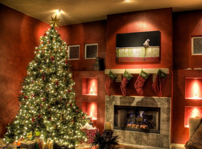 christmas, tree, gifts, fireplace, christmas tree, stockings, garlands, holiday, 720P