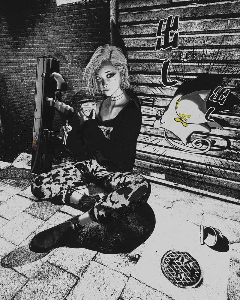 ArtStation, digital painting, digital art, on the ground, gun, 1080P, short hair, eating, portrait display, artwork, looking at the side, on the floor