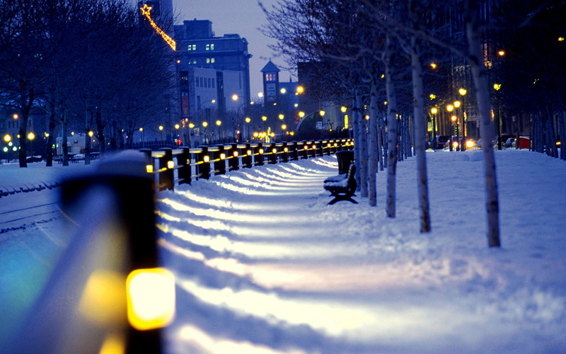 Night, street, city, winter, benches, lights, 2K, snow