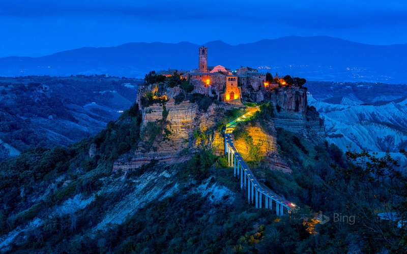 bing, travel destinations, 1080P, travel, nature, desktop, civita, ancient civilization, sky, mountain range, ancient, illuminated, environment, architecture