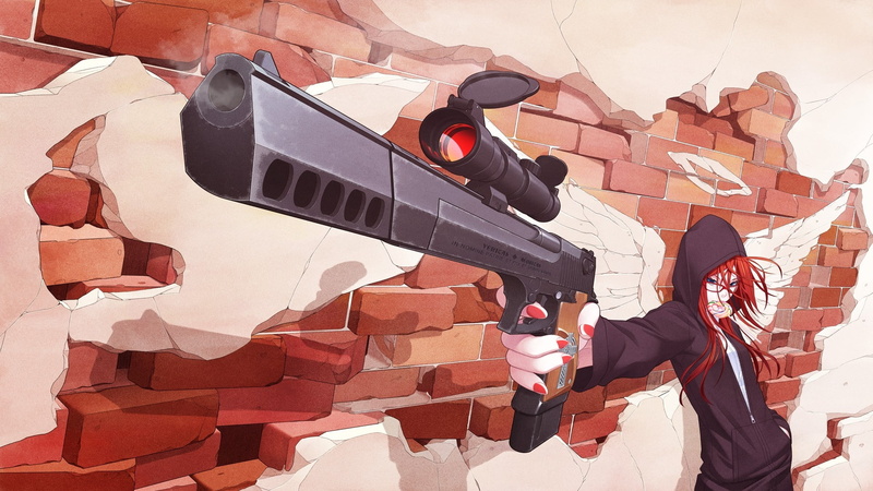 redheads, blue, desert, lollipops, art, glasses, anime, hd, hair, eagle, hot, wings, weapons, meganek, long, eyes, scope, hoodies, 1080P, guns