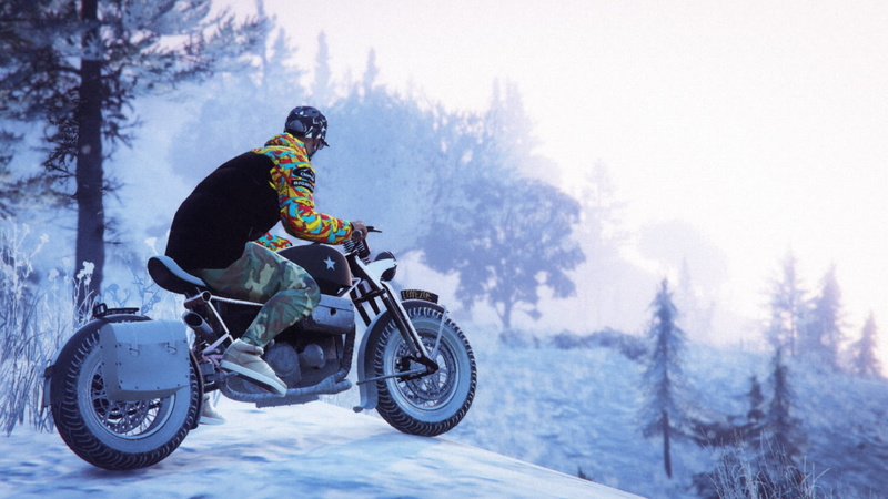 snow, 1080P, winter, crash helmet, tree, warm clothing, Rockstar Games, cold temperature, mountain, yellow, bike, extreme sports, nature, transportation