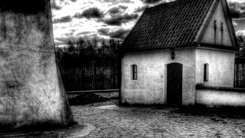 gray, HDR, forest, place of worship, clouds, 1080P, nature, cobblestone, trees, residential district, tool, metal, no people, sky, cloud - sky, abandoned