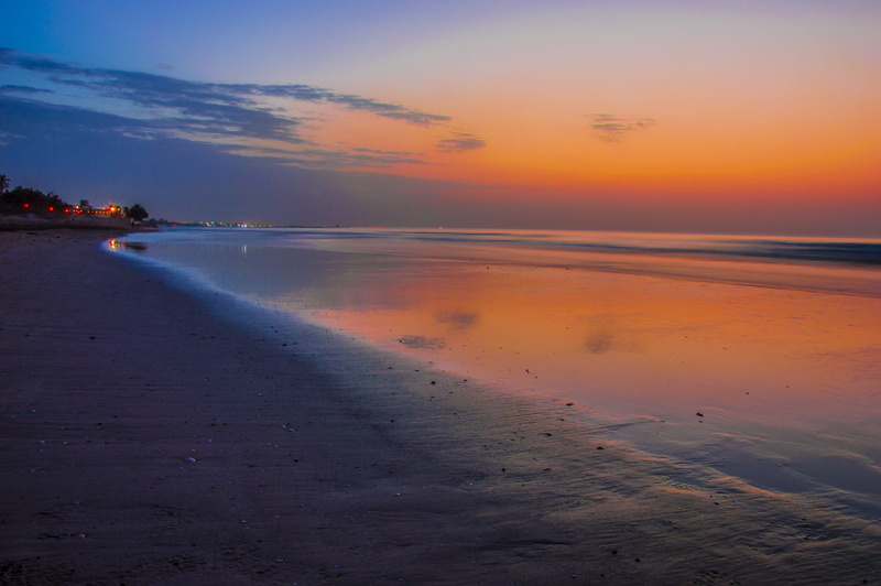 scenics - nature, shati al qurum, cloud - sky, sea, sand, idyllic, oman, sunset, sky, 5K, low tide, nature, tranquil scene, water, beauty in nature, horizon over water